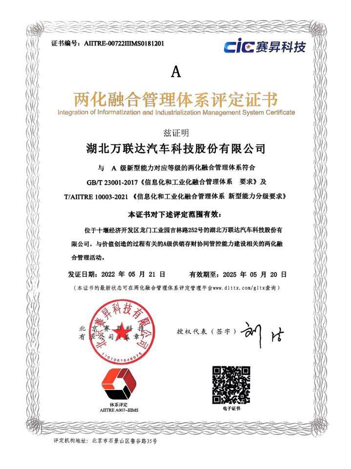 两化融合管理体系证书